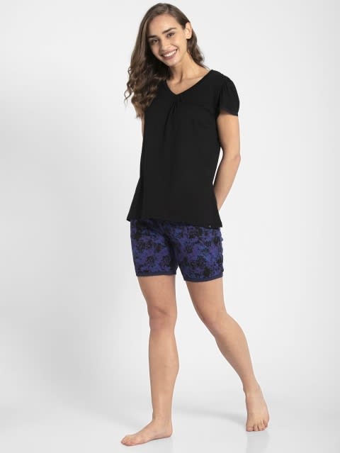 Women's Micro Modal Cotton Relaxed Fit Printed Shorts with Lace Trim Styled Side Pockets - Classic Navy Assorted Prints
