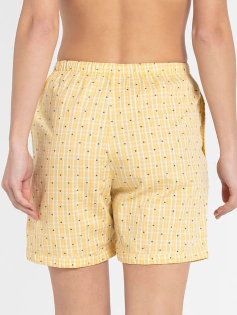 Women's Super Combed Cotton Woven Relaxed Fit Checkered Shorts with Side Pockets - Banana Cream Assorted Checks