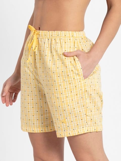 Women's Super Combed Cotton Woven Relaxed Fit Checkered Shorts with Side Pockets - Banana Cream Assorted Checks