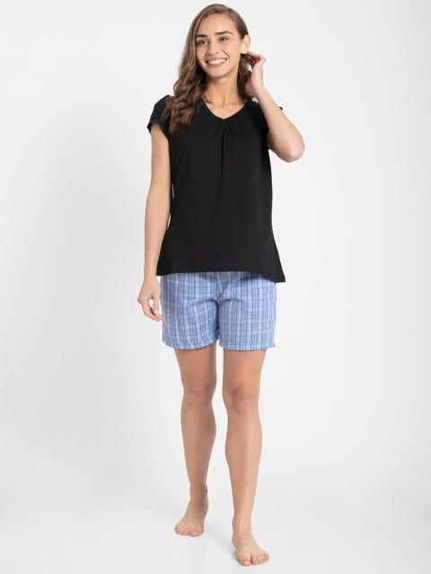 Shorts for Women with Side Pocket & Drawstring Closure - Iris Blue Assorted Checks