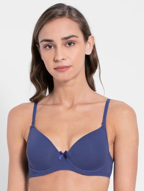 Women's Under-Wired Padded Super Combed Cotton Elastane Stretch Medium Coverage Multiway Styling T-Shirt Bra with Detachable Straps - Deep Cobalt