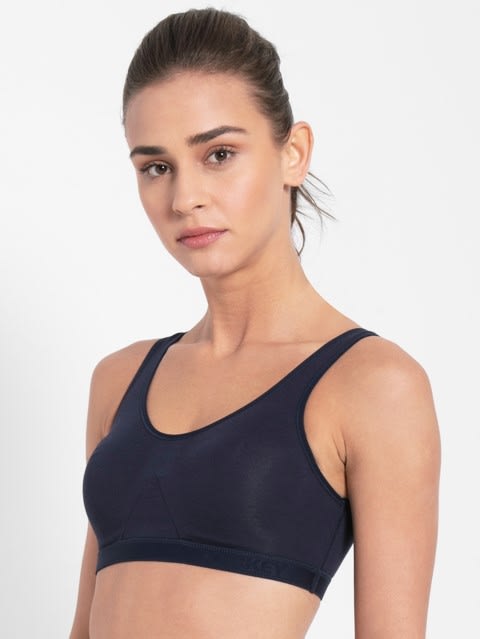 Women's Wirefree Non Padded Super Combed Cotton Elastane Stretch Full Coverage Slip-On Active Bra with Wider Straps and Moisture Move Treatment - Navy Blazer