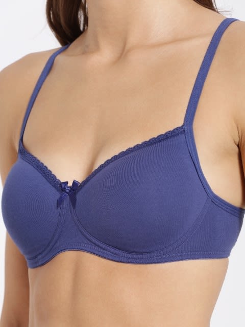 Women's Wirefree Padded Super Combed Cotton Elastane Stretch Medium Coverage Lace Styling T-Shirt Bra with Adjustable Straps - Deep Cobalt