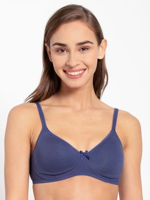 Women's Wirefree Non Padded Super Combed Cotton Elastane Stretch Medium Coverage Everyday Bra with Concealed Shaper Panel and Adjustable Straps - Deep Cobalt