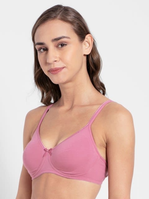 Women's Wirefree Non Padded Super Combed Cotton Elastane Stretch Medium Coverage Everyday Bra with Concealed Shaper Panel and Adjustable Straps - Heather Rose