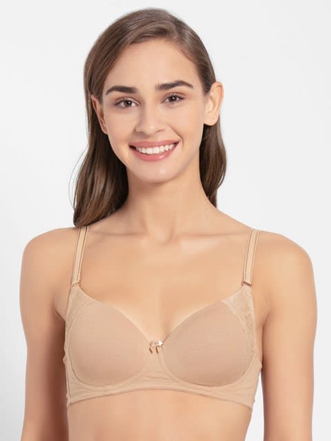Women's Wirefree Padded Super Combed Cotton Elastane Stretch Full Coverage Multiway Styling T-Shirt Bra with Detachable Straps - Skin