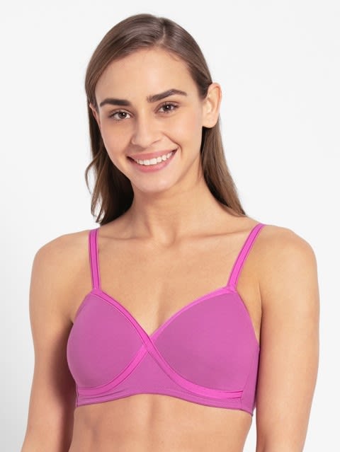 Women's Wirefree Padded Super Combed Cotton Elastane Stretch Full Coverage T-Shirt Bra with Cross Over Fit and Adjustable Straps - Lavender Scent