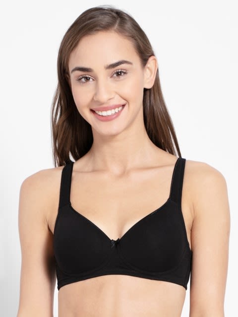Women's Wirefree Padded Super Combed Cotton Elastane Stretch Full Coverage T-Shirt Bra with Broad Fabric Straps - Black