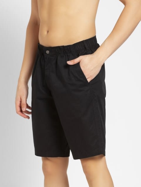 Men's Super Combed Mercerised Cotton Woven Fabric Straight Fit Solid Shorts with Side Pockets - Black
