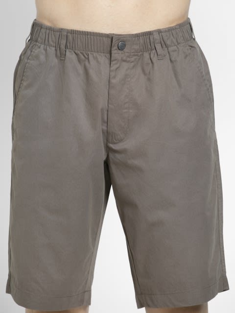 Men's Super Combed Mercerised Cotton Woven Fabric Straight Fit Solid Shorts with Side Pockets - Dark Khaki