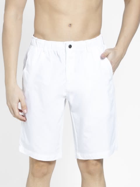 Men's Super Combed Mercerised Cotton Woven Fabric Straight Fit Solid Shorts with Side Pockets - White