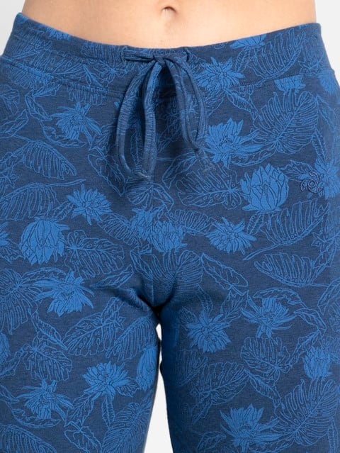 Women's Super Combed Cotton Elastane Stretch Slim Fit Printed Capri with Side Pockets - Vintage Denim Melange Printed