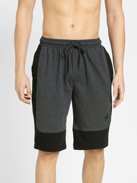 Men's Super Combed Cotton Rich Regular Fit Solid Shorts with Side Pockets - True Black Melange