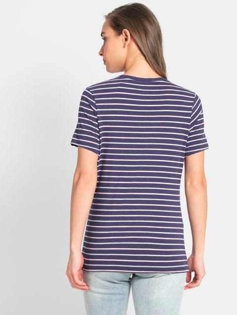 Women's Super Combed Cotton Elastane Stretch Regular Fit Yarn Dyed Striped V Neck Half Sleeve T-Shirt - Classic Navy