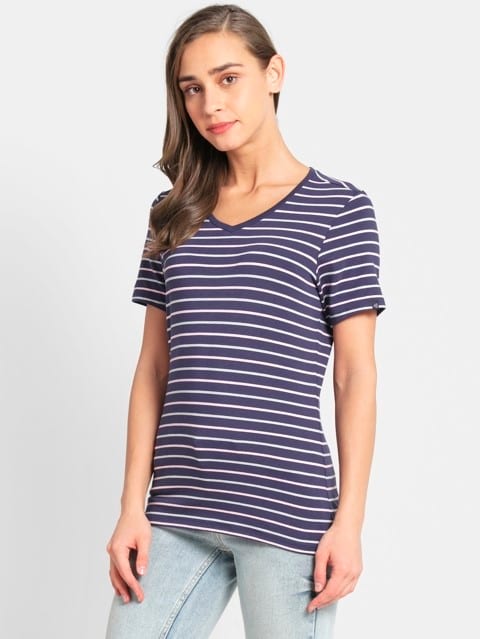 Women's Super Combed Cotton Elastane Stretch Regular Fit Yarn Dyed Striped V Neck Half Sleeve T-Shirt - Classic Navy