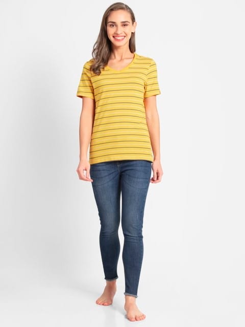 Women's Super Combed Cotton Elastane Stretch Regular Fit Yarn Dyed Striped V Neck Half Sleeve T-Shirt - Golden Rod