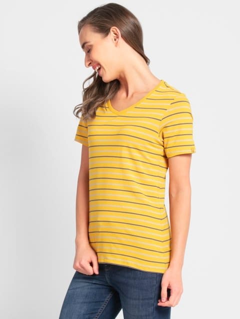 Women's Super Combed Cotton Elastane Stretch Regular Fit Yarn Dyed Striped V Neck Half Sleeve T-Shirt - Golden Rod