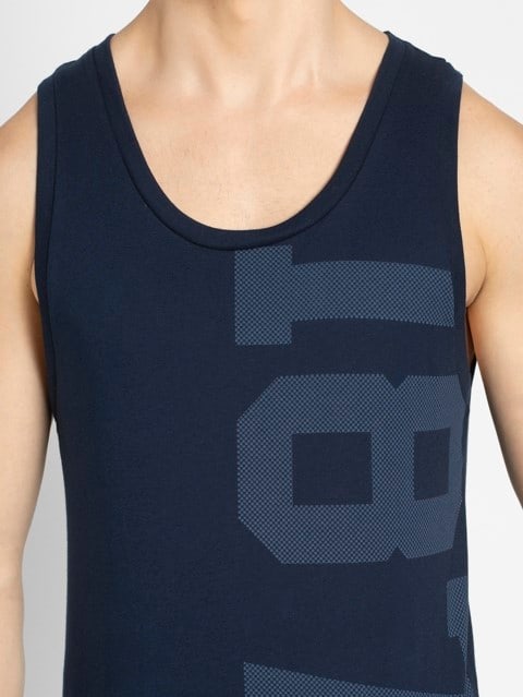 Men's Super Combed Cotton Rich Graphic Printed Low Neck Tank Top With Stay Fresh Treatment - Navy Print