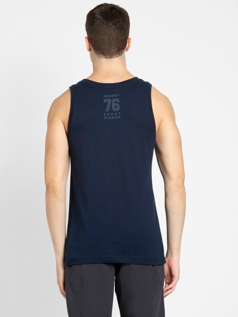 Men's Super Combed Cotton Rich Graphic Printed Low Neck Tank Top With Stay Fresh Treatment - Navy Print