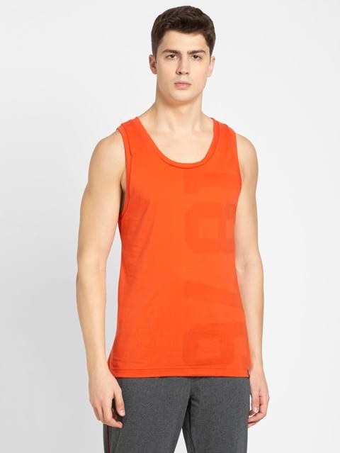 Men's Super Combed Cotton Rich Graphic Printed Low Neck Tank Top With Stay Fresh Treatment - Orange Rust