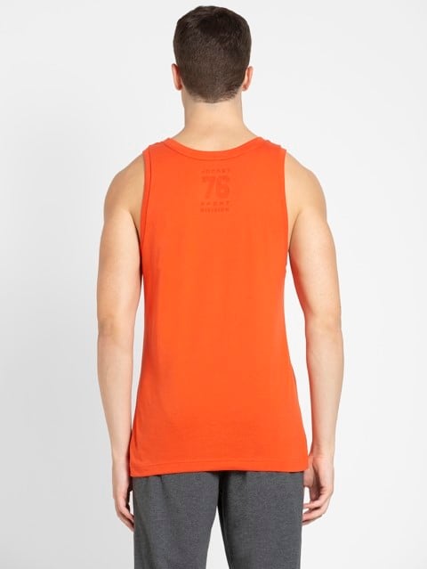 Men's Super Combed Cotton Rich Graphic Printed Low Neck Tank Top With Stay Fresh Treatment - Orange Rust