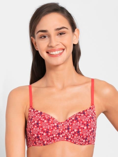 Women's Wirefree Non Padded Super Combed Cotton Elastane Stretch Full Coverage Cross Back Styling with Adjustable Straps - Hibiscus Red Print