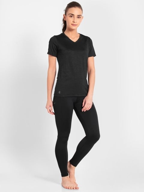 Women's Microfiber Fabric Relaxed Fit Solid V Neck Half Sleeve Performance T-Shirt With Stay Fresh Treatment - Black