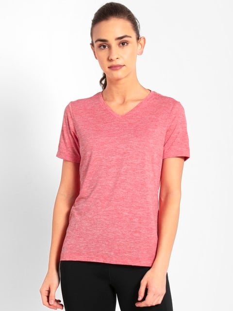 Women's Microfiber Fabric Relaxed Fit Solid V Neck Half Sleeve Performance T-Shirt With Stay Fresh Treatment - Coral