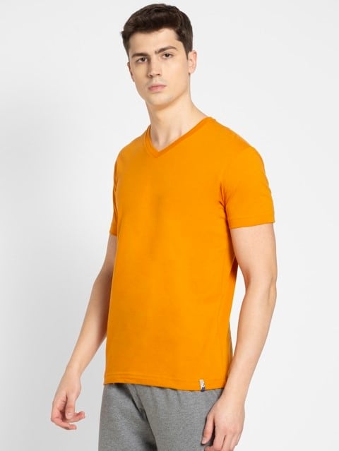 Men's Super Combed Cotton Rich Solid V Neck Half Sleeve T-Shirt - Desert Sun