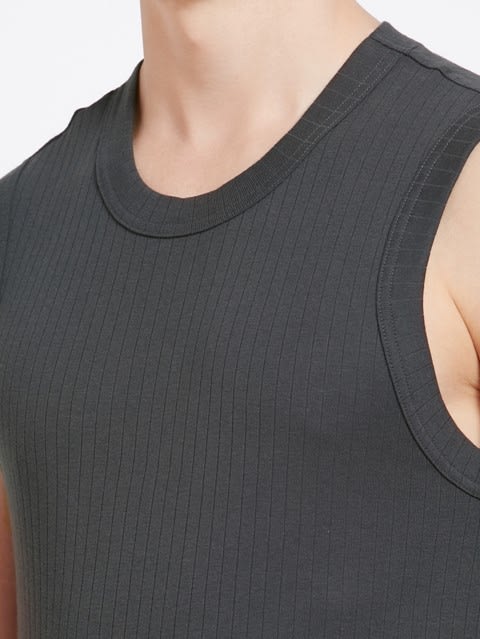 Men's Super Combed Cotton Rib Solid Round Neck Muscle Vest - Graphite