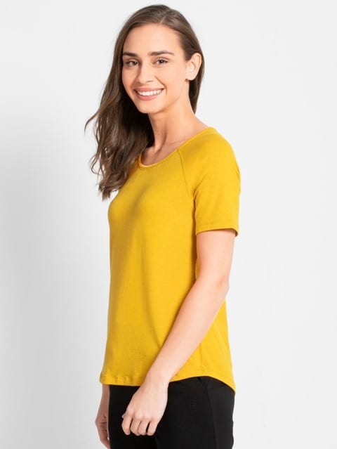 Slim Fit Round Neck Half Sleeve T-Shirt for Women - Golden Rod Melange