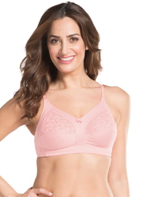 Women's Wirefree Non Padded Super Combed Cotton Elastane Stretch Full Coverage Plus Size Bra with Lace Styling and Adjustable Straps - Candy Pink