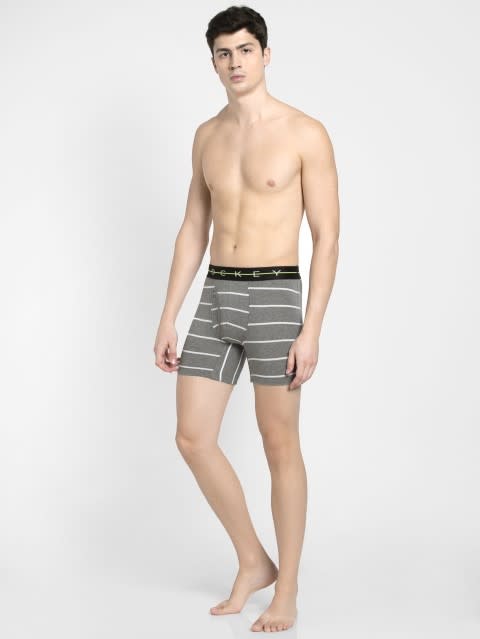 Men's Super Combed Cotton Elastane Stretch Printed Boxer Brief with Ultrasoft Waistband - Mid Grey with Black Des