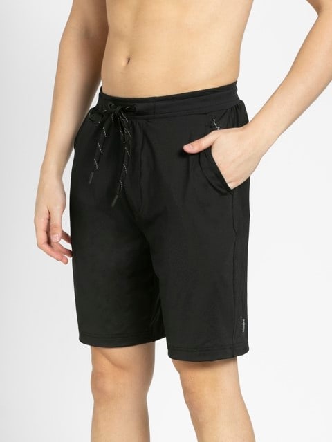 Men's Polyester Stretch Straight Fit Solid Shorts with Pockets and Stay Fresh Treatment - Black