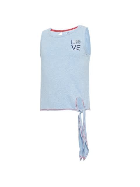 Girl's Super Combed Cotton Elastane Stretch Front Tie Up Graphic Printed Tank Top - Sky Blue Melange Printed