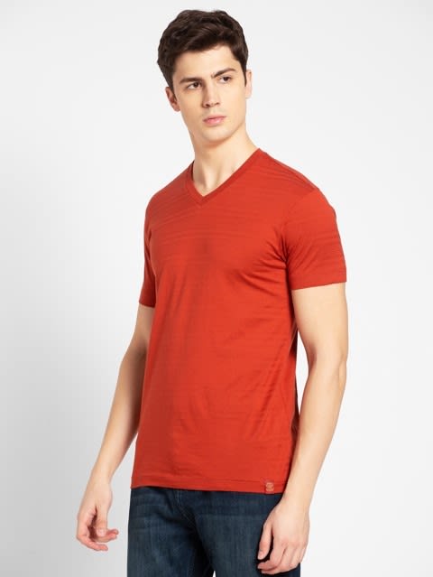 Men's Super Combed Supima Cotton Solid V Neck Half Sleeve T-Shirt - Cinnabar