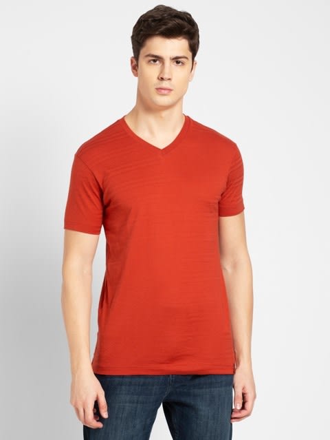 Men's Super Combed Supima Cotton Solid V Neck Half Sleeve T-Shirt - Cinnabar