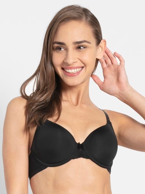 Women's Under-Wired Padded Soft Touch Microfiber Nylon Elastane Stretch Full Coverage Lace Styling Multiway T-Shirt Bra with Adjustable Straps - Black
