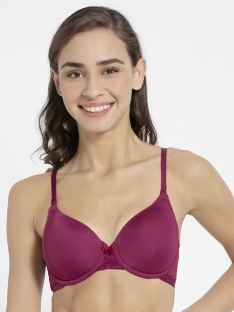 Women's Under-Wired Padded Soft Touch Microfiber Nylon Elastane Stretch Full Coverage Lace Styling Multiway T-Shirt Bra with Adjustable Straps - Pink Wine