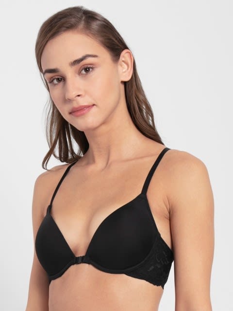 Women's Under-Wired Padded Soft Touch Microfiber Nylon Elastane Stretch Full Coverage Lace Back Styling T-Shirt Bra with Adjustable Straps - Black