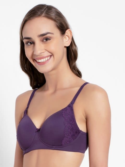 Women's Wirefree Padded Soft Touch Microfiber Nylon Elastane Stretch Full Coverage Lace Styling Multiway T-Shirt Bra with Adjustable Straps - Purple Cosmos