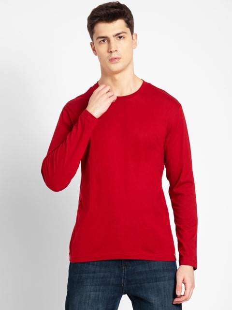 Men's Super Combed Cotton Rich Solid Round Neck Full Sleeve T-Shirt - Shanghai Red