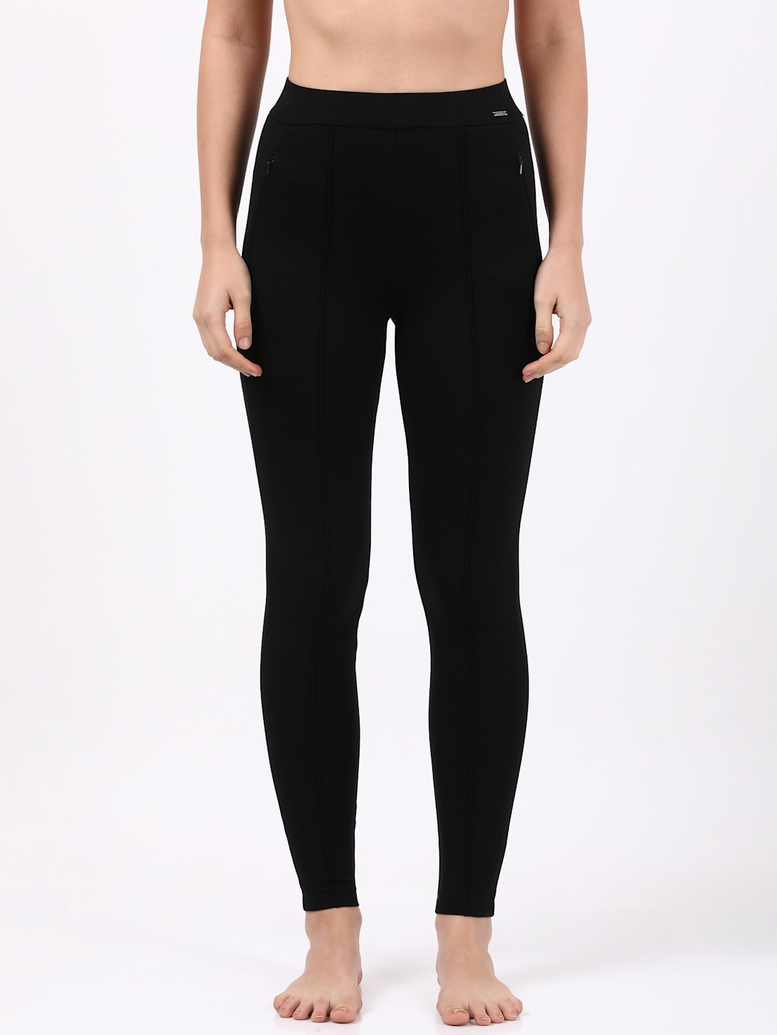 Women's Rayon Nylon Elastane Stretch Treggings with Side Zipper Pockets -  Black