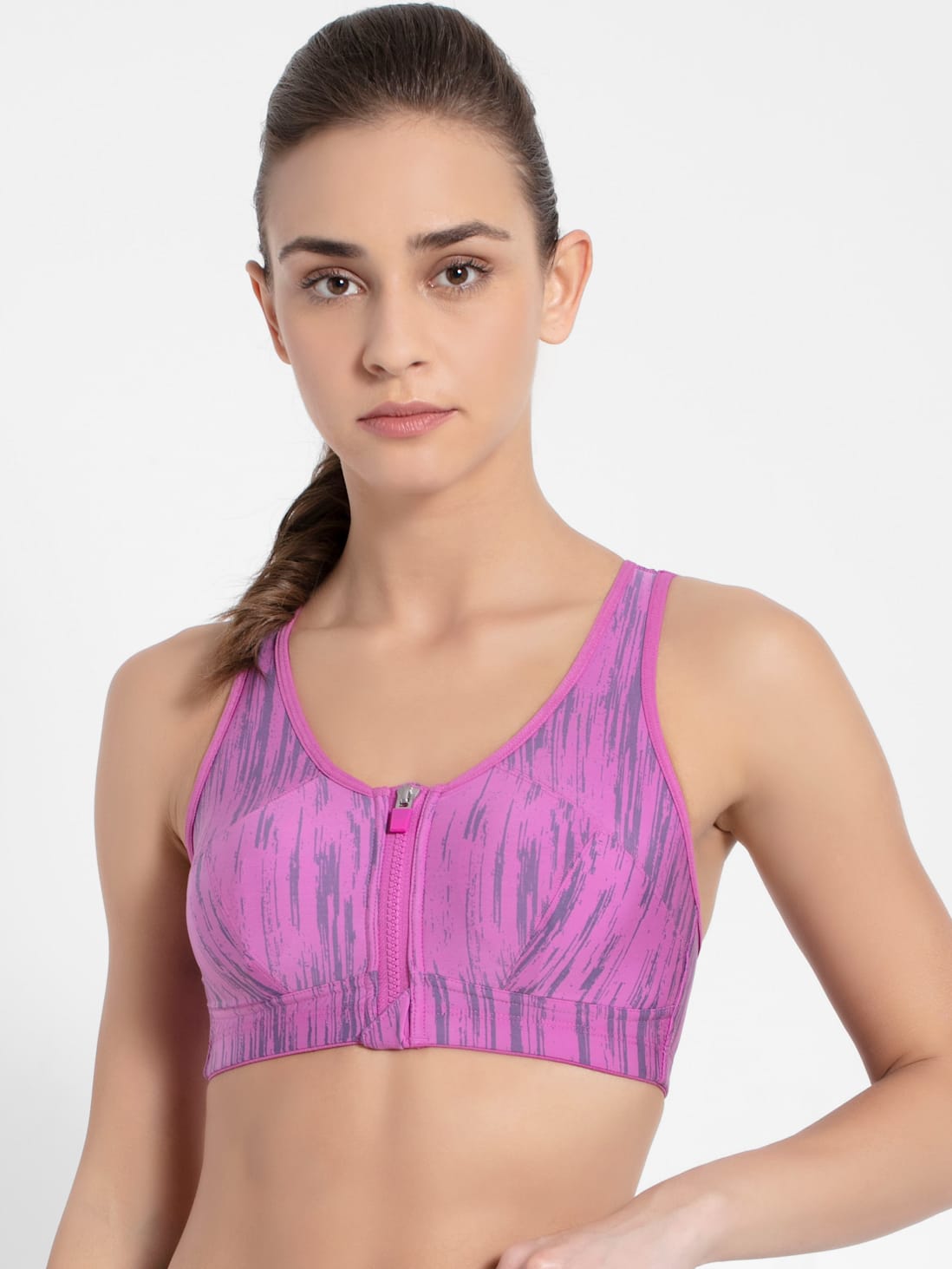 Women's Wirefree Padded Microfiber Elastane Stretch Printed Full Coverage  Racer Back Front Zipper Styling Sports Bra with Stay Fresh and Stay Dry