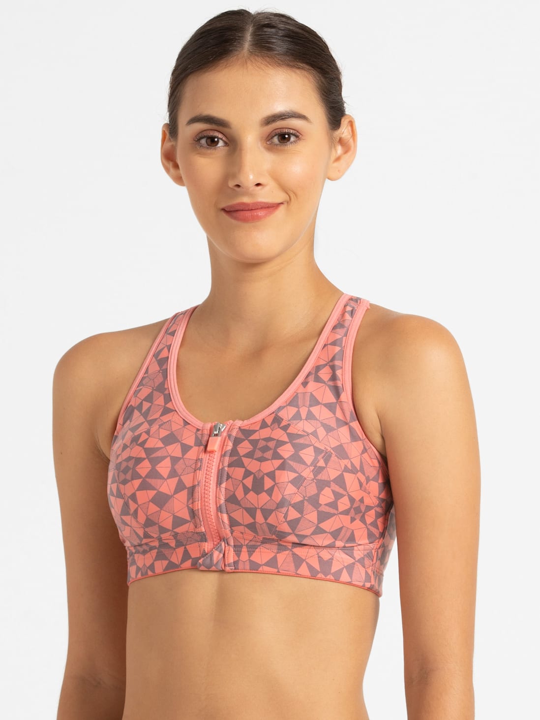 Buy Women's Wirefree Padded Microfiber Elastane Stretch Printed Full  Coverage Racer Back Front Zipper Styling Sports Bra with Stay Fresh and  Stay Dry Treatment - Peach Blossom Assorted MI02
