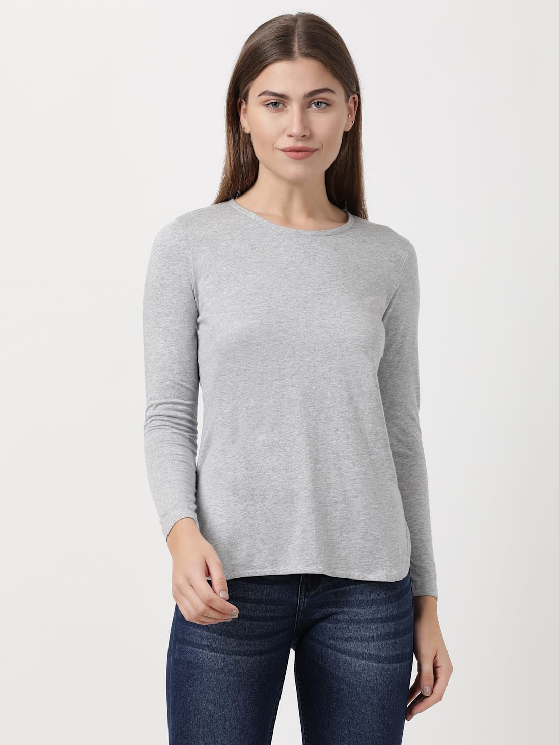 Buy Women's Micro Modal Cotton Relaxed Fit Solid Round Neck Full Sleeve  T-Shirt - Light Grey Melange RX21