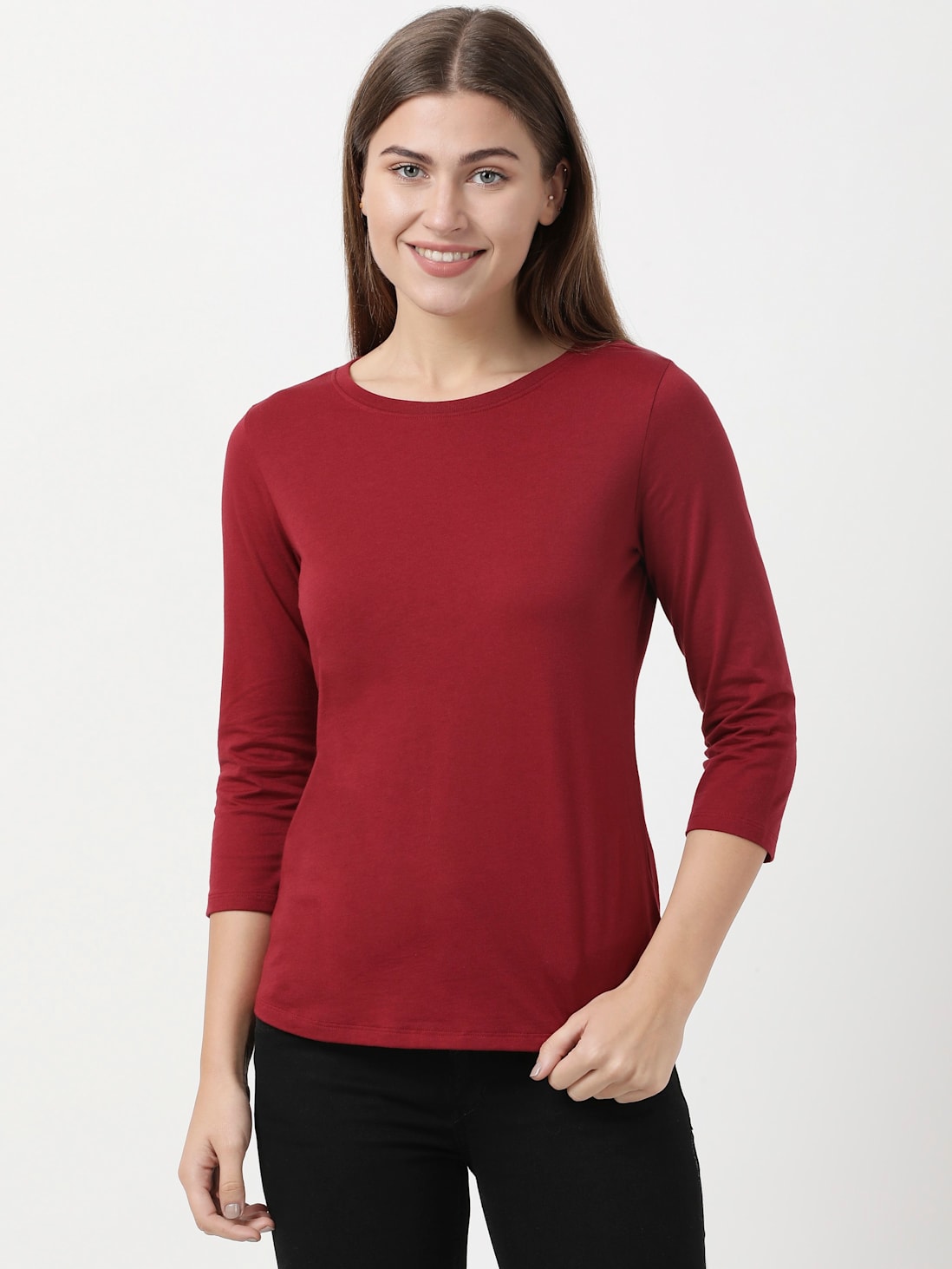 Buy Women's Super Combed Cotton Rich Relaxed Fit Solid Round Neck Three ...