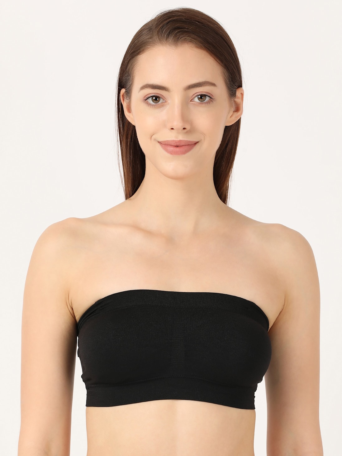 Women's Wirefree Padded Micro Touch Nylon Elastane Stretch Full Coverage  Bandeau Bra with Removeable Pads and Detachable Transparent Straps - Black