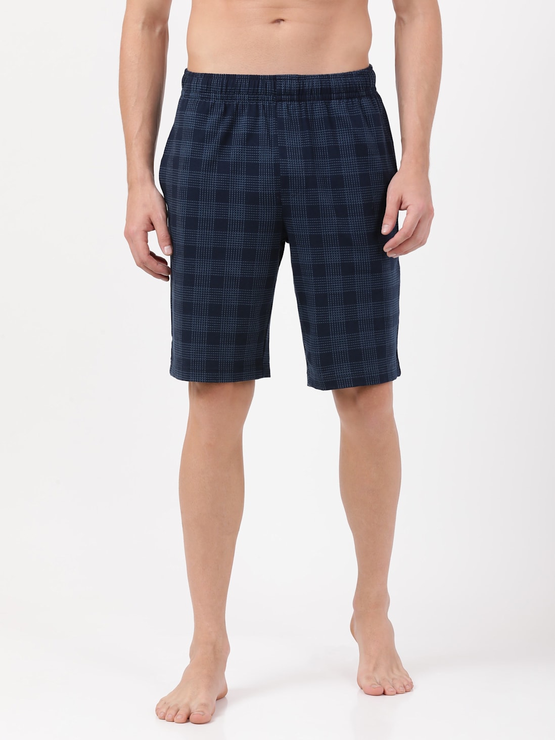 Men's Super Combed Cotton Elastane Stretch Regular Fit Checkered Shorts  with Side Pockets - Navy