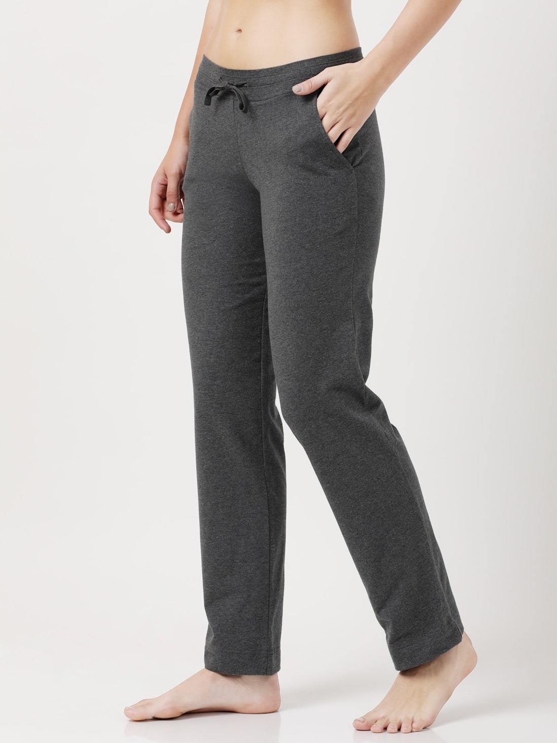 Buy Women's Super Combed Cotton Elastane Stretch Relaxed Fit Trackpants  With Side Pockets - Charcoal Melange 1302